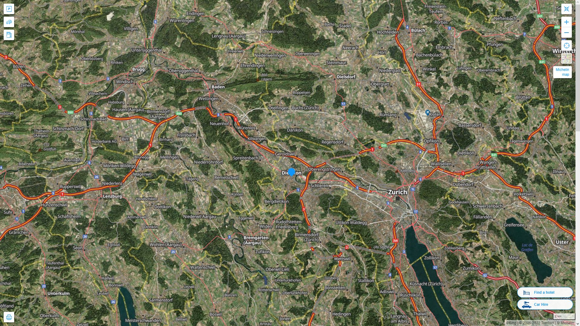 Dietikon Suisse Autoroute et carte routiere avec vue satellite